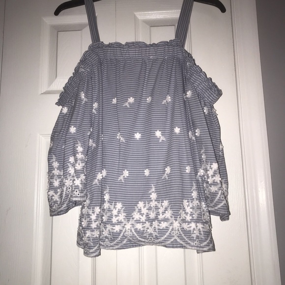 Light blue striped off the shoulder floral top - Picture 3 of 5